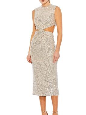 Mac Duggal Champagne Sequin Twist Cutout Midi Dress